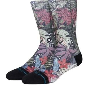 Floral Pattern Crew Socks - Pink & Gray